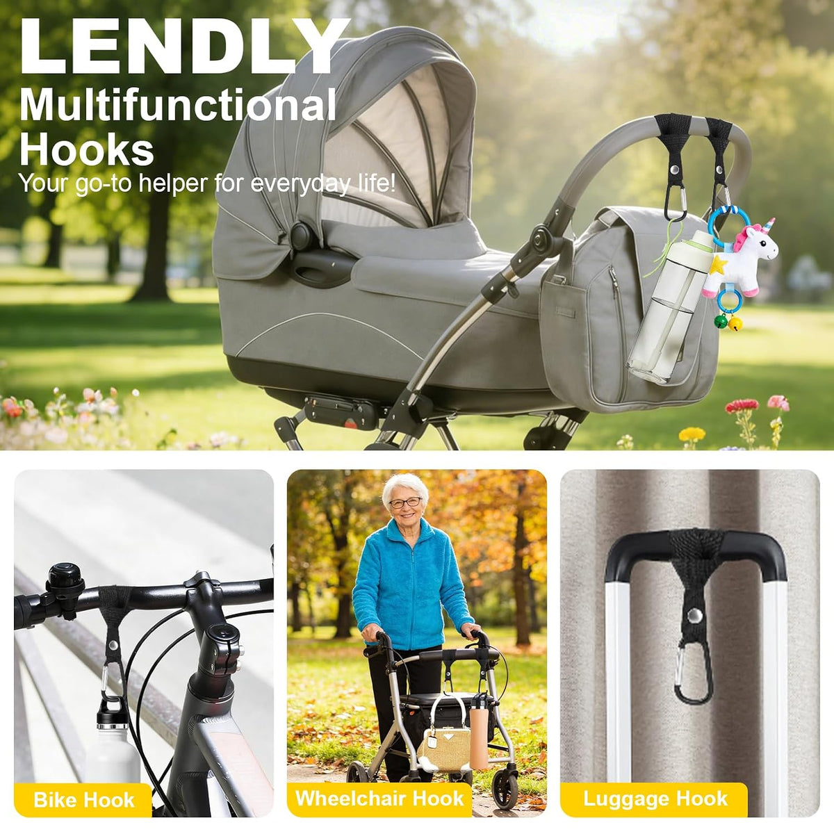 4-Pack Baby Stroller Hooks for Bags - Heavy Duty 2.48" Universal Carabiner Clips with Reinforced Rope, Multi-Scene Use for Bikes, Backpacks & Camping Gear
