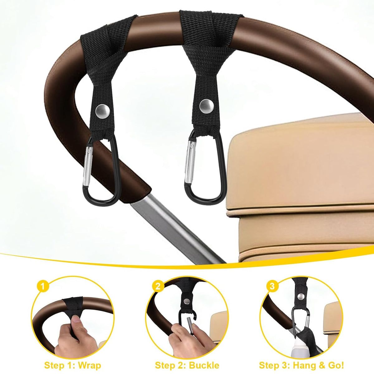 4-Pack Baby Stroller Hooks for Bags - Heavy Duty 2.48" Universal Carabiner Clips with Reinforced Rope, Multi-Scene Use for Bikes, Backpacks & Camping Gear
