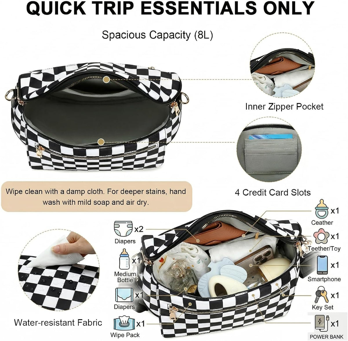 Small Diaper Bag Checkerboard Fanny Pack with Wipes Pocket for Quick Outing