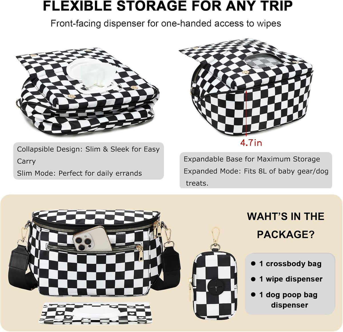 Small Diaper Bag Checkerboard Fanny Pack with Wipes Pocket for Quick Outing