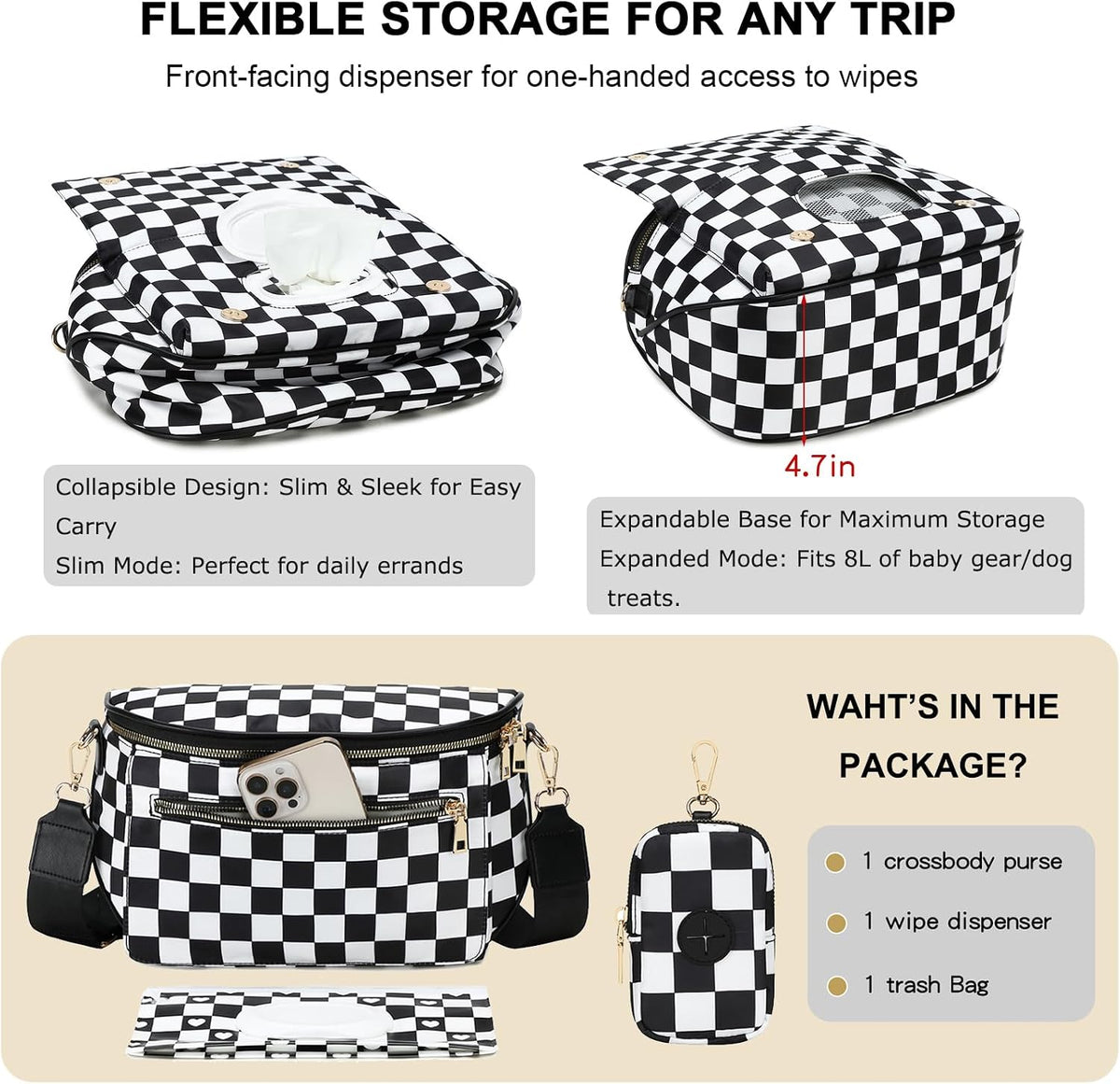 Small Diaper Bag Checkerboard Fanny Pack with Wipes Pocket for Quick Outing