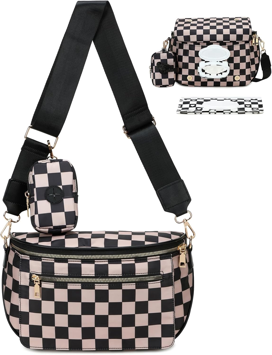 Small Diaper Bag Checkerboard Fanny Pack with Wipes Pocket for Quick Outing