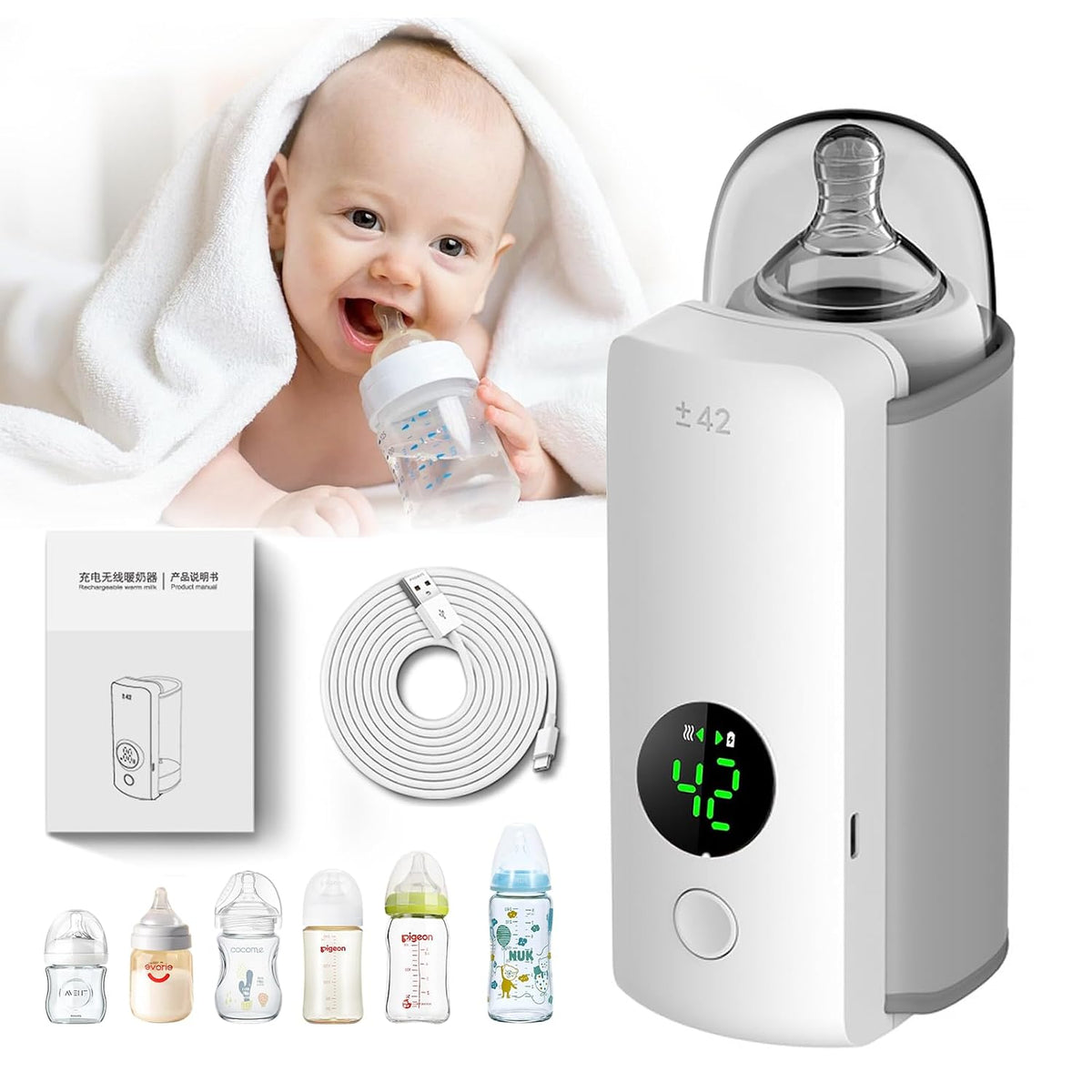 Rechargeable Portable Bottle Warmer for Travel, 6 Temperature Control