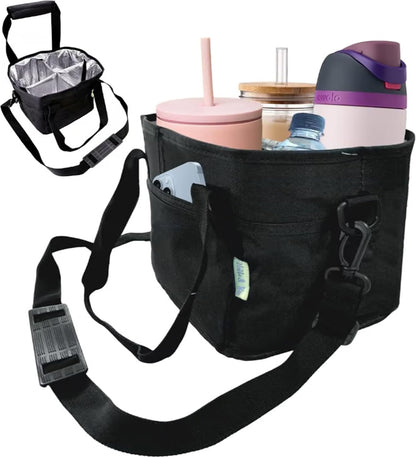 Family Size 4 Compartment Drink Carrier Bag, Cup Carrier Caddy for Hot & Cold Drinks, Portable Cup Holder for Car Travel, Beach, Picnic, Camping & Commute (Pink)