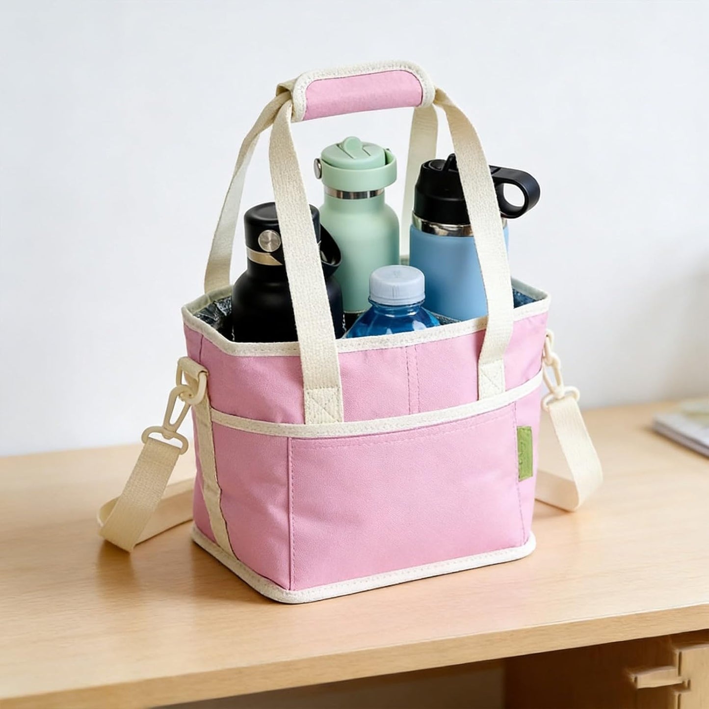 Family Size 4 Compartment Drink Carrier Bag, Cup Carrier Caddy for Hot & Cold Drinks, Portable Cup Holder for Car Travel, Beach, Picnic, Camping & Commute (Pink)