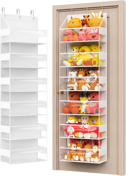 Over Door Hanging Organizer with 6 Shelves, Stuffed Animal Storage - Behind Door Storage for Plush/Bedroom, Nursery, Dorm Room, 1 Pack (Clear white)