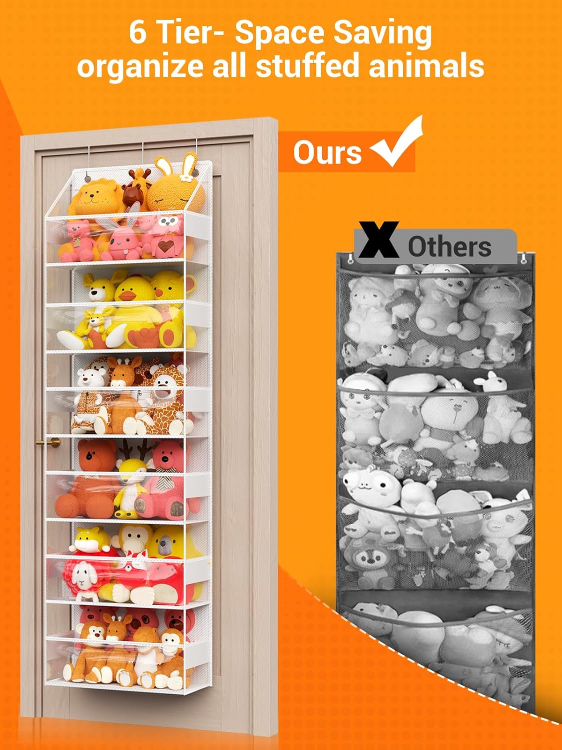 Over Door Hanging Organizer with 6 Shelves, Stuffed Animal Storage - Behind Door Storage for Plush/Bedroom, Nursery, Dorm Room, 1 Pack (Clear white)