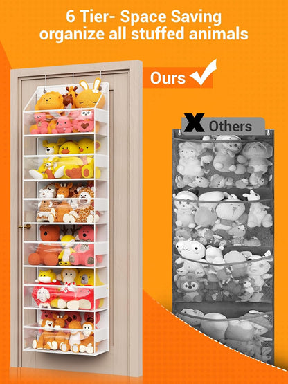 Over Door Hanging Organizer with 6 Shelves, Stuffed Animal Storage - Behind Door Storage for Plush/Bedroom, Nursery, Dorm Room, 1 Pack (Clear white)