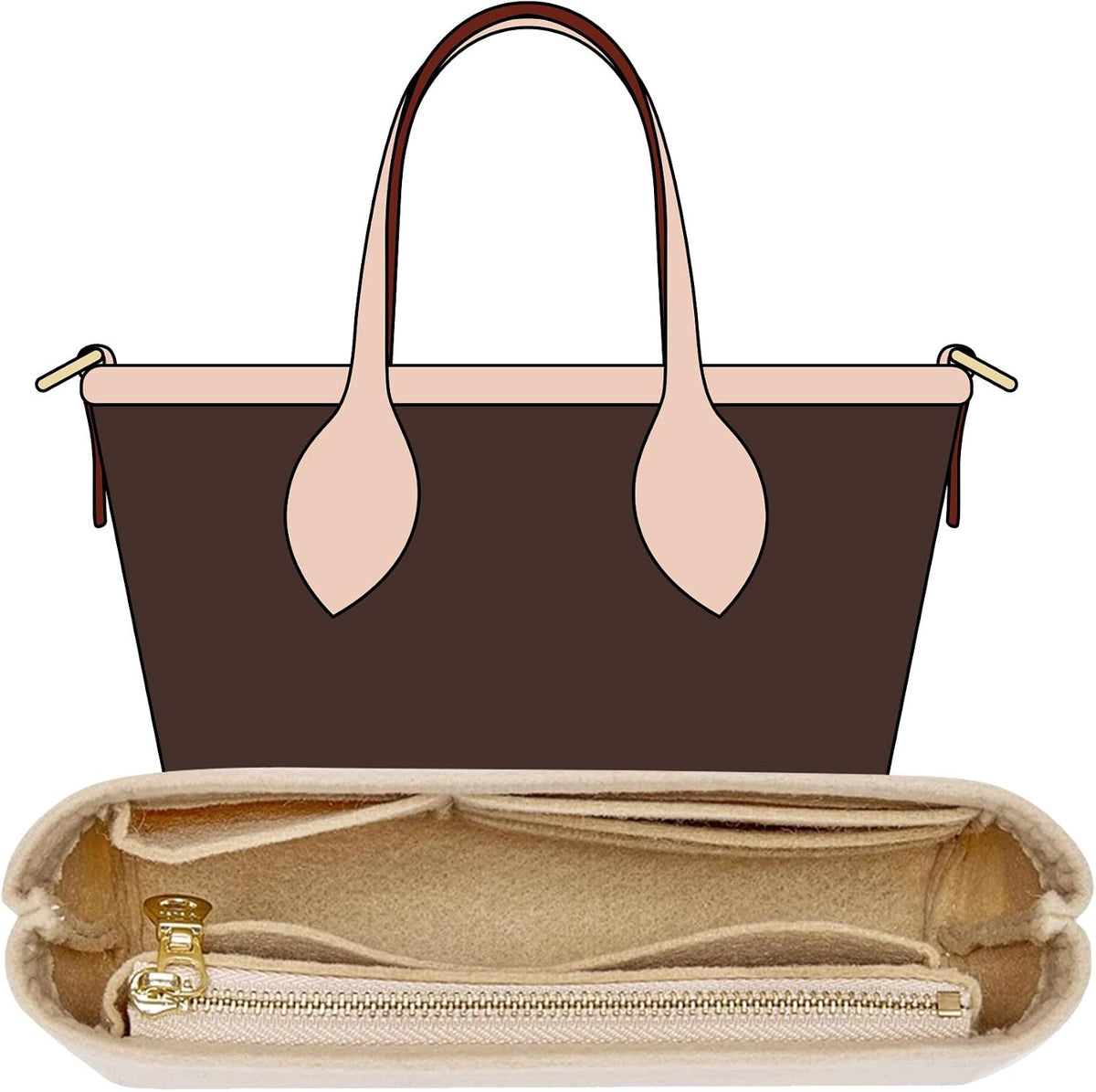 Tote Bag Organizer Insert with Base Shaper, Felt Neverfull MM Organizer, Purse Organizer Insert with Zipper Pocket and Bottle Holder, Fits Speedy 30 Neverfull MM Tote Handbags and More,Beige-L