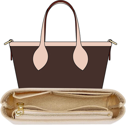 Tote Bag Organizer Insert with Base Shaper, Felt Neverfull MM Organizer, Purse Organizer Insert with Zipper Pocket and Bottle Holder, Fits Speedy 30 Neverfull MM Tote Handbags and More,Beige-L