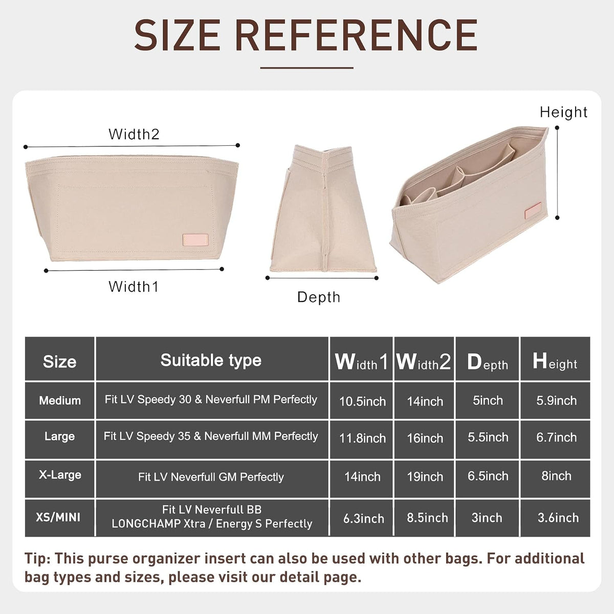 Tote Bag Organizer Insert with Base Shaper, Felt Neverfull MM Organizer, Purse Organizer Insert with Zipper Pocket and Bottle Holder, Fits Speedy 30 Neverfull MM Tote Handbags and More,Beige-L