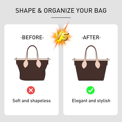 Tote Bag Organizer Insert with Base Shaper, Felt Neverfull MM Organizer, Purse Organizer Insert with Zipper Pocket and Bottle Holder, Fits Speedy 30 Neverfull MM Tote Handbags and More,Beige-L