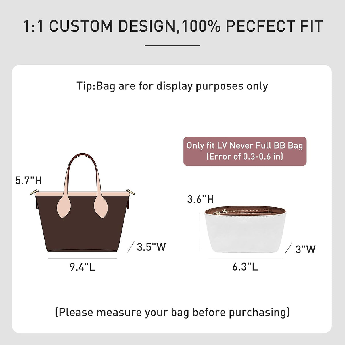 Tote Bag Organizer Insert with Base Shaper, Felt Neverfull MM Organizer, Purse Organizer Insert with Zipper Pocket and Bottle Holder, Fits Speedy 30 Neverfull MM Tote Handbags and More,Beige-L