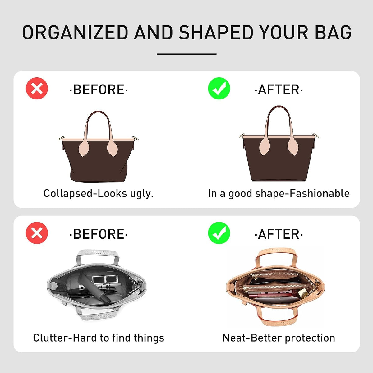 Tote Bag Organizer Insert with Base Shaper, Felt Neverfull MM Organizer, Purse Organizer Insert with Zipper Pocket and Bottle Holder, Fits Speedy 30 Neverfull MM Tote Handbags and More,Beige-L
