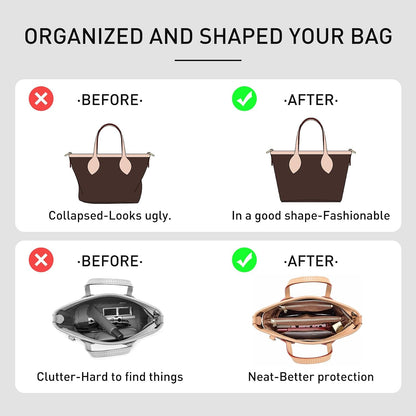 Tote Bag Organizer Insert with Base Shaper, Felt Neverfull MM Organizer, Purse Organizer Insert with Zipper Pocket and Bottle Holder, Fits Speedy 30 Neverfull MM Tote Handbags and More,Beige-L