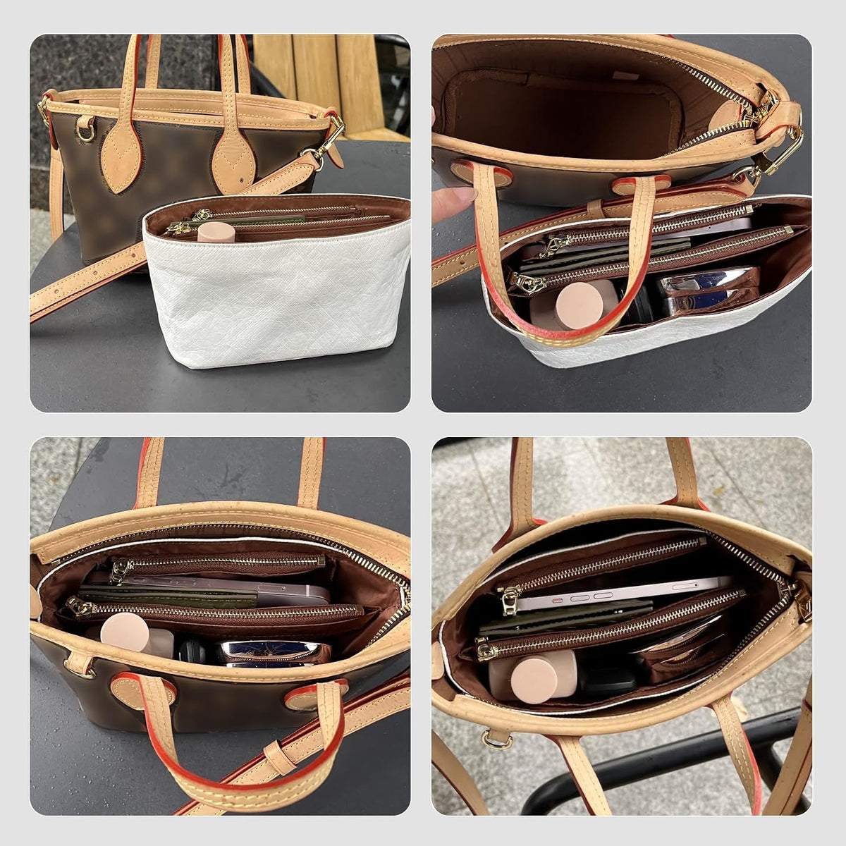 Tote Bag Organizer Insert with Base Shaper, Felt Neverfull MM Organizer, Purse Organizer Insert with Zipper Pocket and Bottle Holder, Fits Speedy 30 Neverfull MM Tote Handbags and More,Beige-L