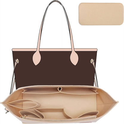 Tote Bag Organizer Insert with Base Shaper, Felt Neverfull MM Organizer, Purse Organizer Insert with Zipper Pocket and Bottle Holder, Fits Speedy 30 Neverfull MM Tote Handbags and More,Beige-L