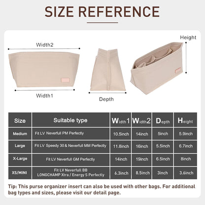 Tote Bag Organizer Insert with Base Shaper, Felt Neverfull MM Organizer, Purse Organizer Insert with Zipper Pocket and Bottle Holder, Fits Speedy 30 Neverfull MM Tote Handbags and More,Beige-L