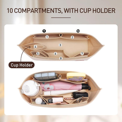Tote Bag Organizer Insert with Base Shaper, Felt Neverfull MM Organizer, Purse Organizer Insert with Zipper Pocket and Bottle Holder, Fits Speedy 30 Neverfull MM Tote Handbags and More,Beige-L