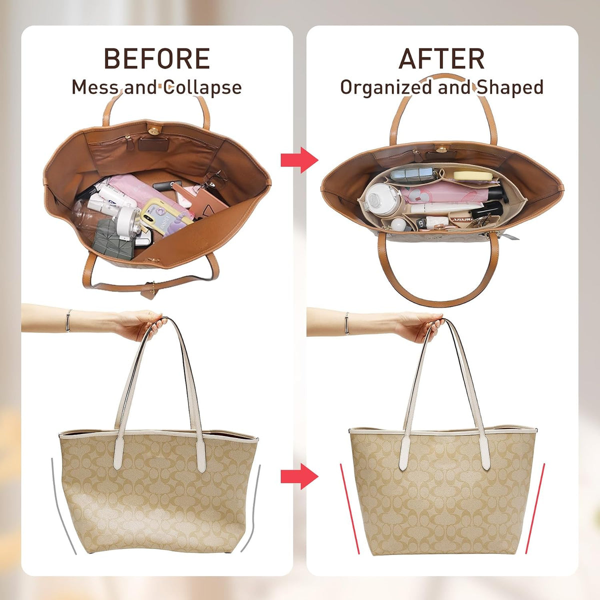 Tote Bag Organizer Insert with Base Shaper, Felt Neverfull MM Organizer, Purse Organizer Insert with Zipper Pocket and Bottle Holder, Fits Speedy 30 Neverfull MM Tote Handbags and More,Beige-L