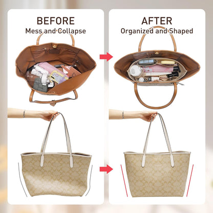 Tote Bag Organizer Insert with Base Shaper, Felt Neverfull MM Organizer, Purse Organizer Insert with Zipper Pocket and Bottle Holder, Fits Speedy 30 Neverfull MM Tote Handbags and More,Beige-L