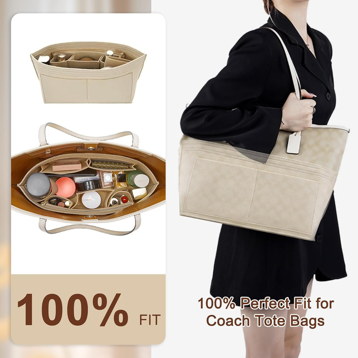 Tote Bag Organizer Insert with Base Shaper, Felt Neverfull MM Organizer, Purse Organizer Insert with Zipper Pocket and Bottle Holder, Fits Speedy 30 Neverfull MM Tote Handbags and More,Beige-L