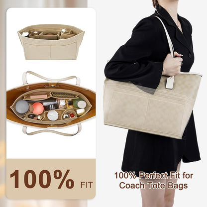 Tote Bag Organizer Insert with Base Shaper, Felt Neverfull MM Organizer, Purse Organizer Insert with Zipper Pocket and Bottle Holder, Fits Speedy 30 Neverfull MM Tote Handbags and More,Beige-L