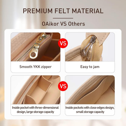 Tote Bag Organizer Insert with Base Shaper, Felt Neverfull MM Organizer, Purse Organizer Insert with Zipper Pocket and Bottle Holder, Fits Speedy 30 Neverfull MM Tote Handbags and More,Beige-L