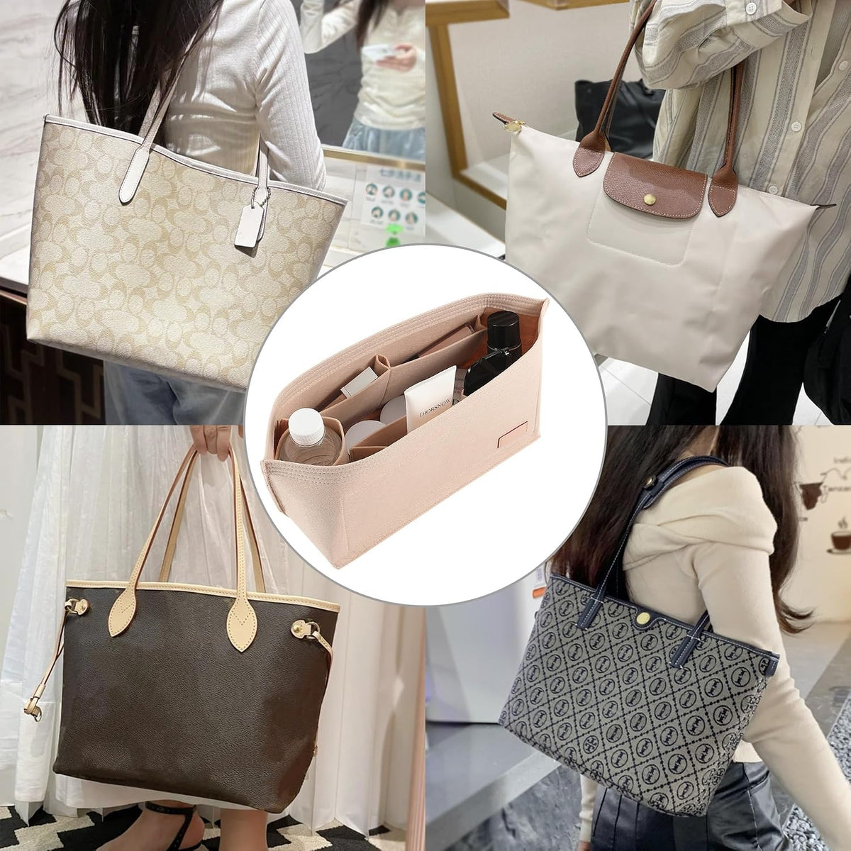 Tote Bag Organizer Insert with Base Shaper, Felt Neverfull MM Organizer, Purse Organizer Insert with Zipper Pocket and Bottle Holder, Fits Speedy 30 Neverfull MM Tote Handbags and More,Beige-L