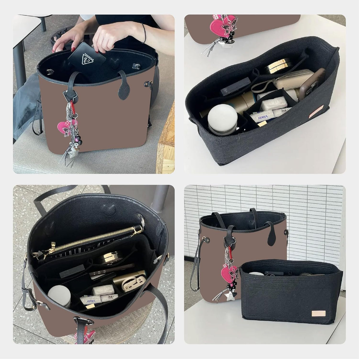 Tote Bag Organizer Insert with Base Shaper, Felt Neverfull MM Organizer, Purse Organizer Insert with Zipper Pocket and Bottle Holder, Fits Speedy 30 Neverfull MM Tote Handbags and More,Beige-L