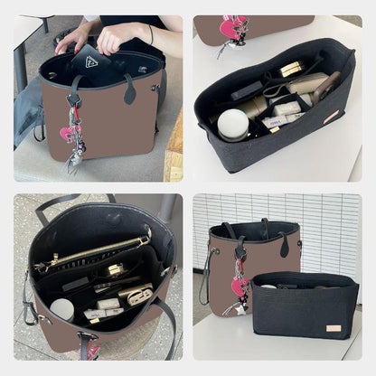 Tote Bag Organizer Insert with Base Shaper, Felt Neverfull MM Organizer, Purse Organizer Insert with Zipper Pocket and Bottle Holder, Fits Speedy 30 Neverfull MM Tote Handbags and More,Beige-L