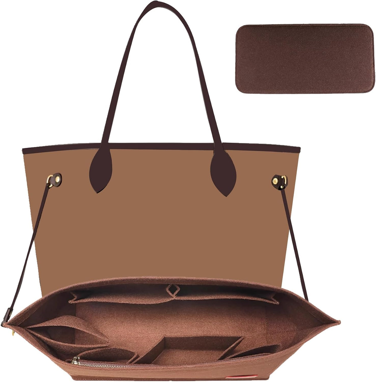Tote Bag Organizer Insert with Base Shaper, Felt Neverfull MM Organizer, Purse Organizer Insert with Zipper Pocket and Bottle Holder, Fits Speedy 30 Neverfull MM Tote Handbags and More,Beige-L