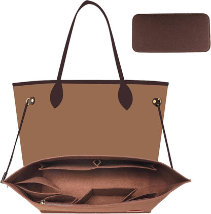 Tote Bag Organizer Insert with Base Shaper, Felt Neverfull MM Organizer, Purse Organizer Insert with Zipper Pocket and Bottle Holder, Fits Speedy 30 Neverfull MM Tote Handbags and More,Beige-L