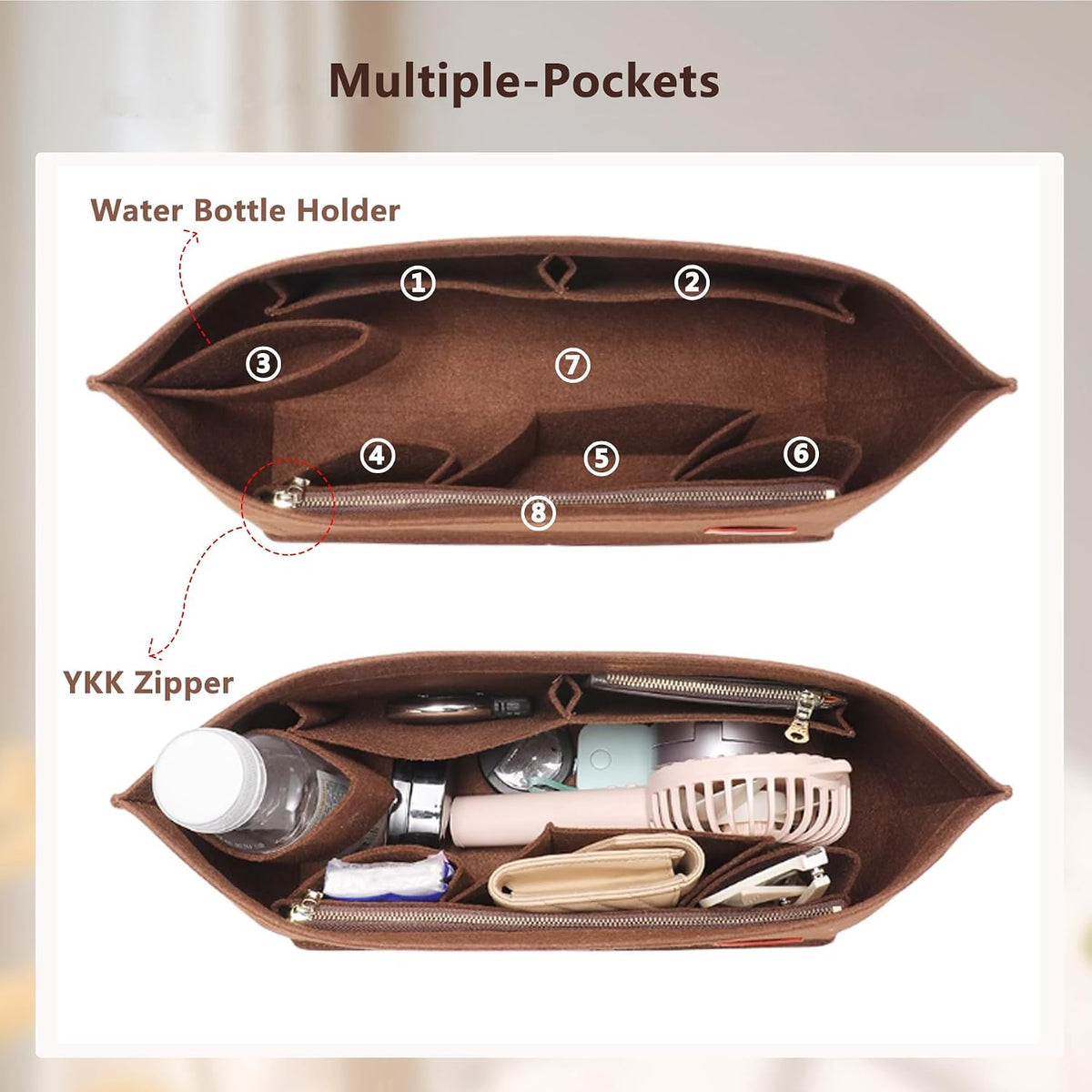 Tote Bag Organizer Insert with Base Shaper, Felt Neverfull MM Organizer, Purse Organizer Insert with Zipper Pocket and Bottle Holder, Fits Speedy 30 Neverfull MM Tote Handbags and More,Beige-L