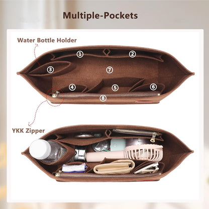 Tote Bag Organizer Insert with Base Shaper, Felt Neverfull MM Organizer, Purse Organizer Insert with Zipper Pocket and Bottle Holder, Fits Speedy 30 Neverfull MM Tote Handbags and More,Beige-L
