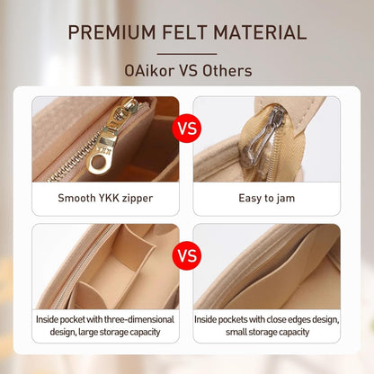 Tote Bag Organizer Insert with Base Shaper, Felt Neverfull MM Organizer, Purse Organizer Insert with Zipper Pocket and Bottle Holder, Fits Speedy 30 Neverfull MM Tote Handbags and More,Beige-L