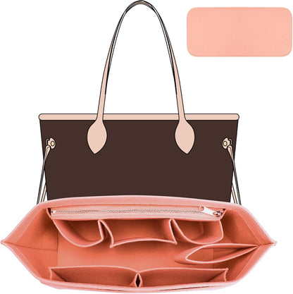 Tote Bag Organizer Insert with Base Shaper, Felt Neverfull MM Organizer, Purse Organizer Insert with Zipper Pocket and Bottle Holder, Fits Speedy 30 Neverfull MM Tote Handbags and More,Beige-L