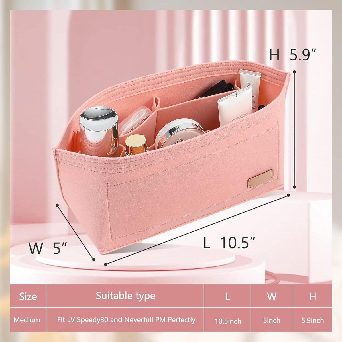 Tote Bag Organizer Insert with Base Shaper, Felt Neverfull MM Organizer, Purse Organizer Insert with Zipper Pocket and Bottle Holder, Fits Speedy 30 Neverfull MM Tote Handbags and More,Beige-L