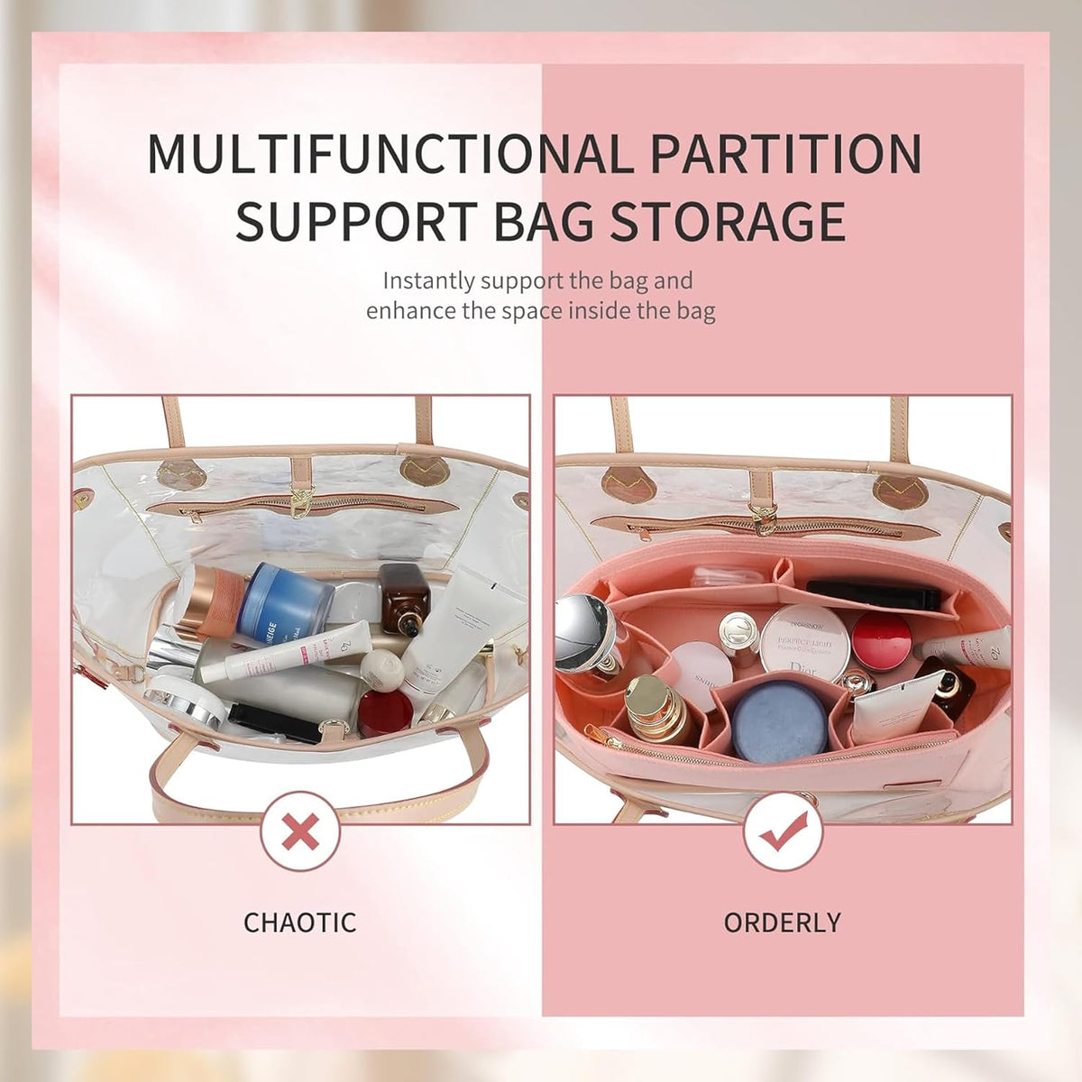 Tote Bag Organizer Insert with Base Shaper, Felt Neverfull MM Organizer, Purse Organizer Insert with Zipper Pocket and Bottle Holder, Fits Speedy 30 Neverfull MM Tote Handbags and More,Beige-L