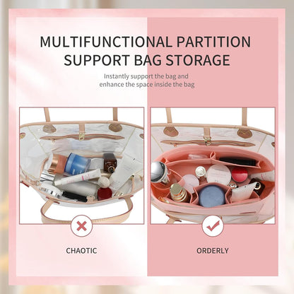 Tote Bag Organizer Insert with Base Shaper, Felt Neverfull MM Organizer, Purse Organizer Insert with Zipper Pocket and Bottle Holder, Fits Speedy 30 Neverfull MM Tote Handbags and More,Beige-L