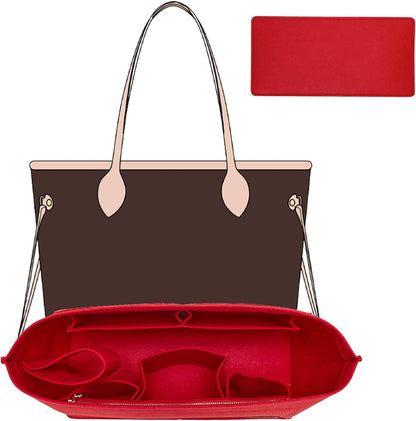 Tote Bag Organizer Insert with Base Shaper, Felt Neverfull MM Organizer, Purse Organizer Insert with Zipper Pocket and Bottle Holder, Fits Speedy 30 Neverfull MM Tote Handbags and More,Beige-L