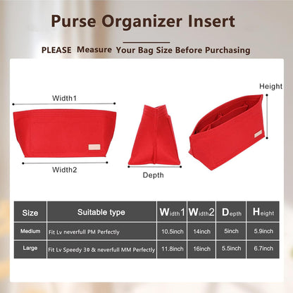 Tote Bag Organizer Insert with Base Shaper, Felt Neverfull MM Organizer, Purse Organizer Insert with Zipper Pocket and Bottle Holder, Fits Speedy 30 Neverfull MM Tote Handbags and More,Beige-L
