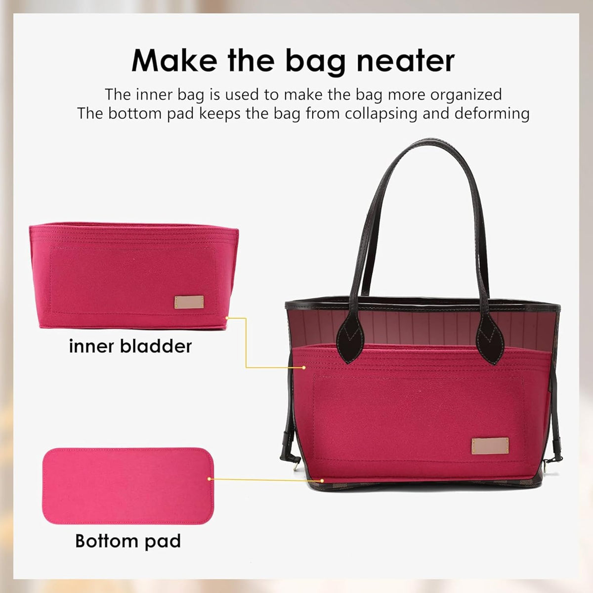 Tote Bag Organizer Insert with Base Shaper, Felt Neverfull MM Organizer, Purse Organizer Insert with Zipper Pocket and Bottle Holder, Fits Speedy 30 Neverfull MM Tote Handbags and More,Beige-L