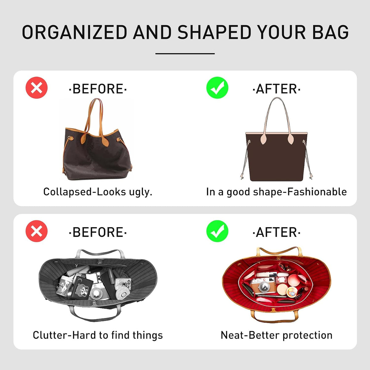 Tote Bag Organizer Insert with Base Shaper, Felt Neverfull MM Organizer, Purse Organizer Insert with Zipper Pocket and Bottle Holder, Fits Speedy 30 Neverfull MM Tote Handbags and More,Beige-L