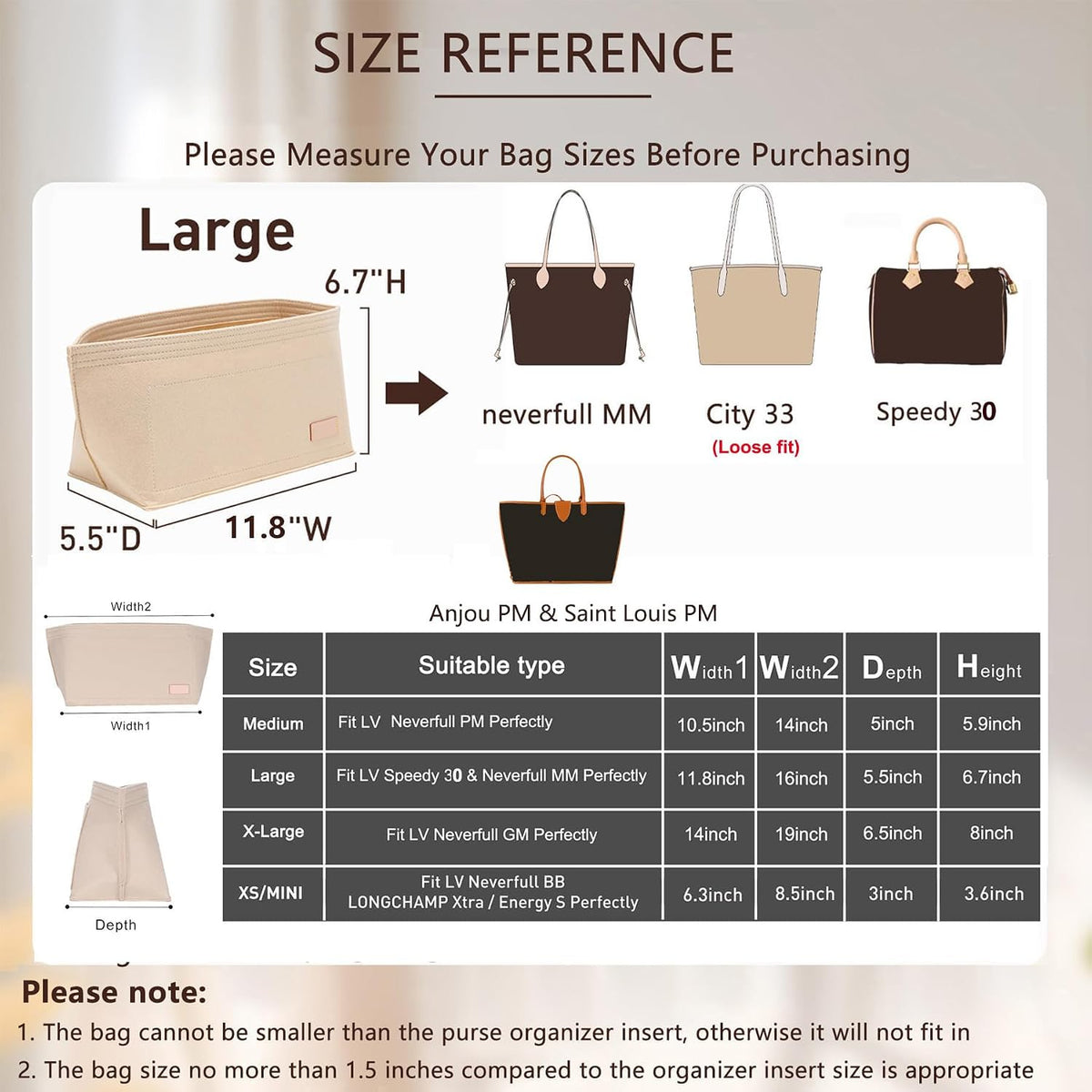 Tote Bag Organizer Insert with Base Shaper, Felt Neverfull MM Organizer, Purse Organizer Insert with Zipper Pocket and Bottle Holder, Fits Speedy 30 Neverfull MM Tote Handbags and More,Beige-L