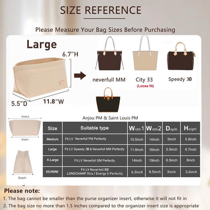 Tote Bag Organizer Insert with Base Shaper, Felt Neverfull MM Organizer, Purse Organizer Insert with Zipper Pocket and Bottle Holder, Fits Speedy 30 Neverfull MM Tote Handbags and More,Beige-L