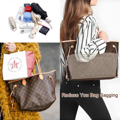 Tote Bag Organizer Insert with Base Shaper, Felt Neverfull MM Organizer, Purse Organizer Insert with Zipper Pocket and Bottle Holder, Fits Speedy 30 Neverfull MM Tote Handbags and More,Beige-L