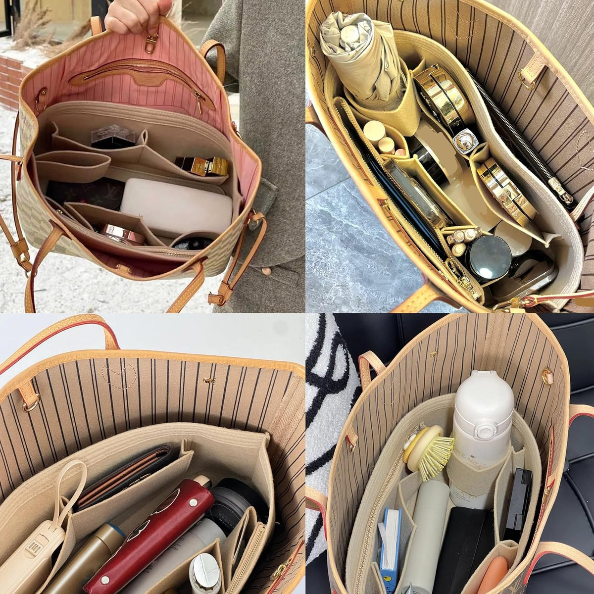 Tote Bag Organizer Insert with Base Shaper, Felt Neverfull MM Organizer, Purse Organizer Insert with Zipper Pocket and Bottle Holder, Fits Speedy 30 Neverfull MM Tote Handbags and More,Beige-L