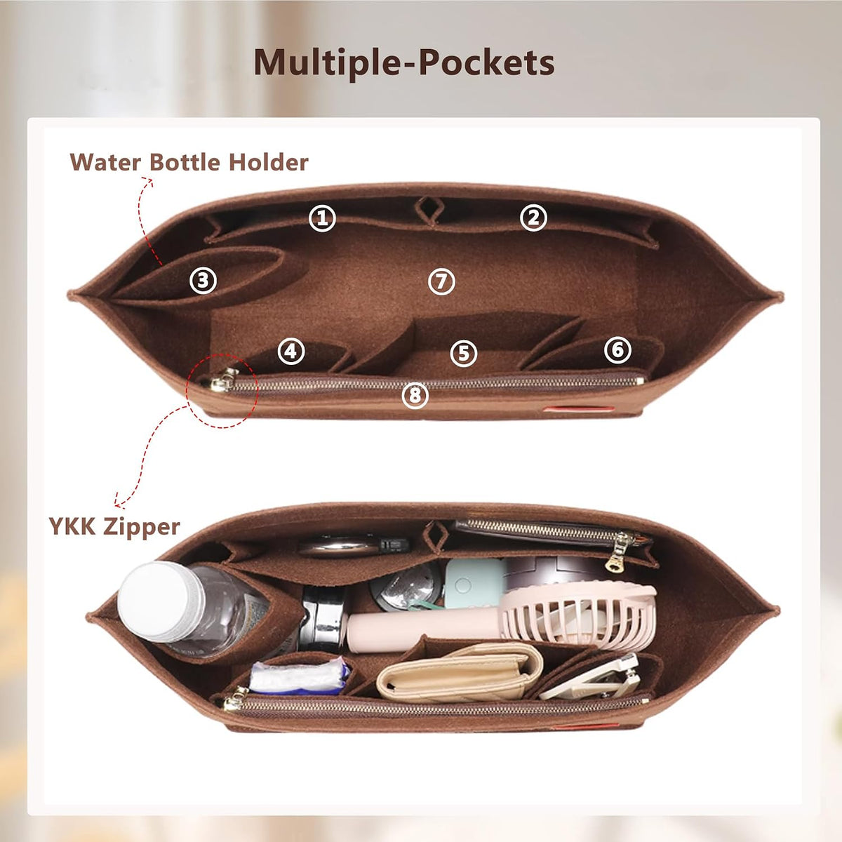 Tote Bag Organizer Insert with Base Shaper, Felt Neverfull MM Organizer, Purse Organizer Insert with Zipper Pocket and Bottle Holder, Fits Speedy 30 Neverfull MM Tote Handbags and More,Beige-L