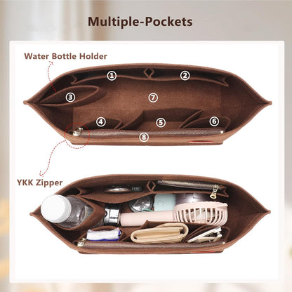 Tote Bag Organizer Insert with Base Shaper, Felt Neverfull MM Organizer, Purse Organizer Insert with Zipper Pocket and Bottle Holder, Fits Speedy 30 Neverfull MM Tote Handbags and More,Beige-L
